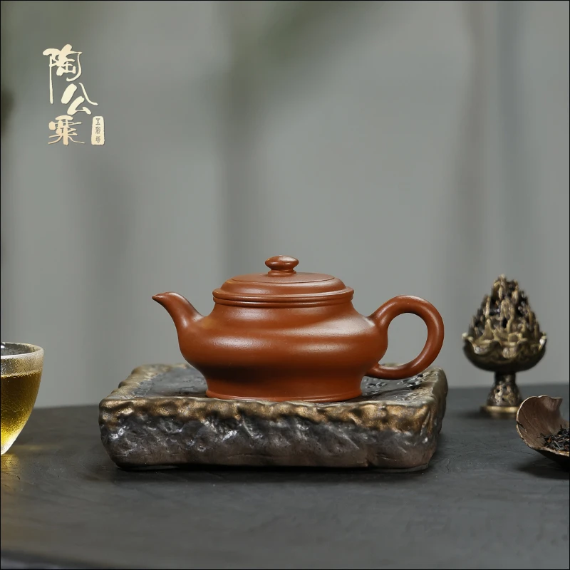 陶公粟原矿小煤窑朱泥《虚扁》140cc许手制紫砂壶家用