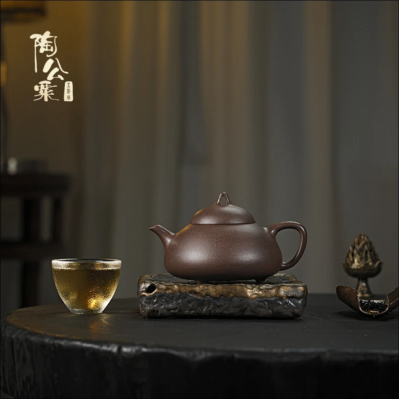 陶公粟 原矿底槽青泥《汝瓢》鲍手制精美240cc小容量圆器紫砂壶