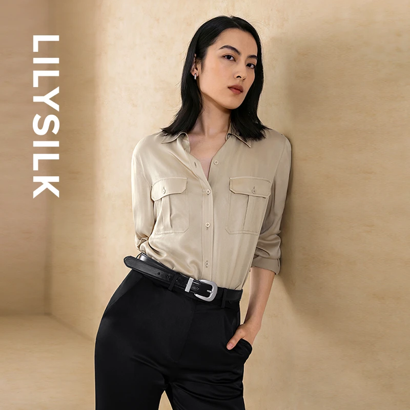 莉莉秀客LILYSILK重磅真丝衬衫女士翻领带口袋长袖高级感职场上衣