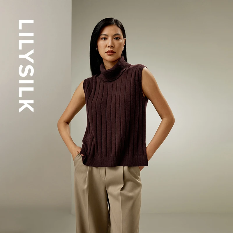 莉莉秀客秋冬女经典抽条休闲针织羊绒无袖背心上衣简约 LILYSILK