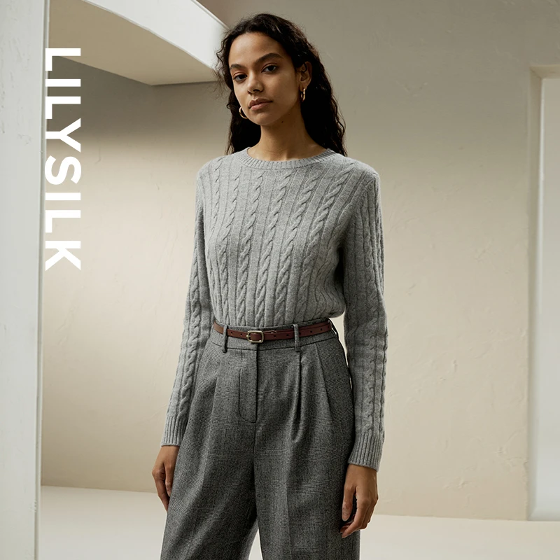 【抖音官方直播间】莉莉秀客LILYSILK绞花羊毛羊绒毛衣修身女打底衫