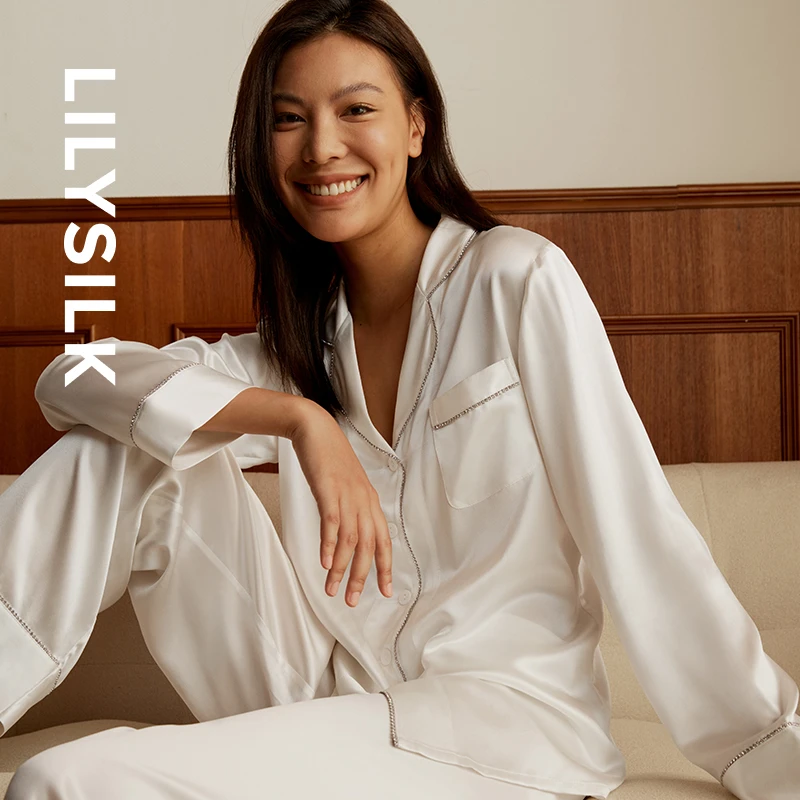 莉莉秀客LLYSILK舒适水钻包边真丝睡衣套22姆米家居服两件套装