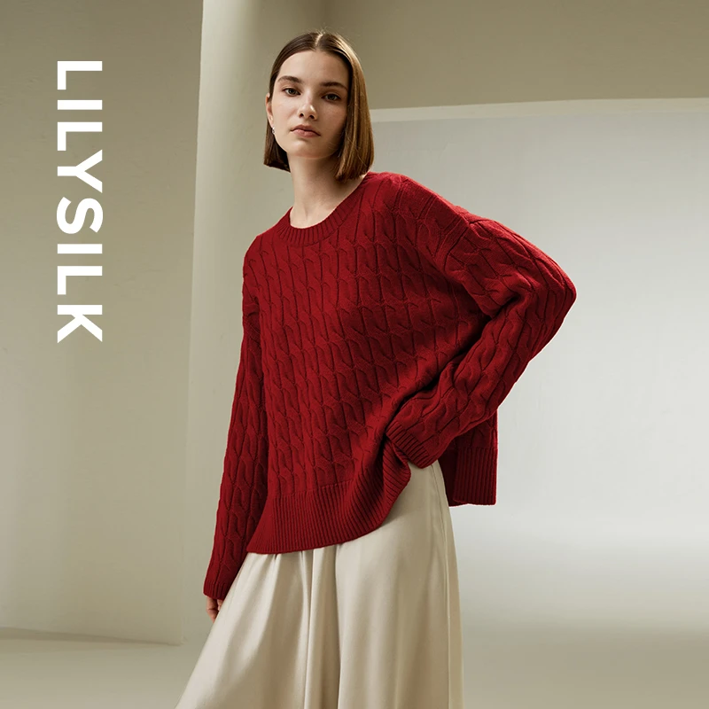 莉莉秀客「红人上新」LILYSILK100%羊毛毛衣秋冬大红圣诞节日绞花
