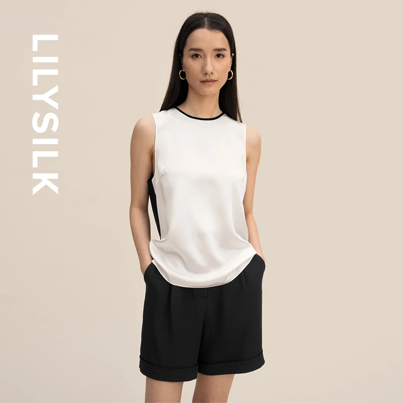 莉莉秀客 LILYSILK简约温柔双色女士T恤夏季无袖拼接宽松纯色上衣