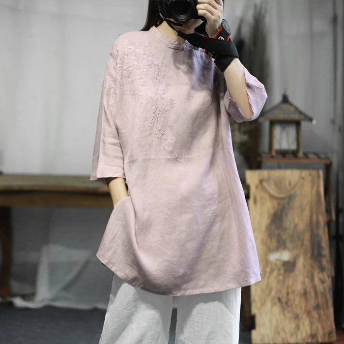 中国风禅意茶服中式旗袍盘扣斜襟亚麻刺绣唐装上衣茶艺师服装女夏