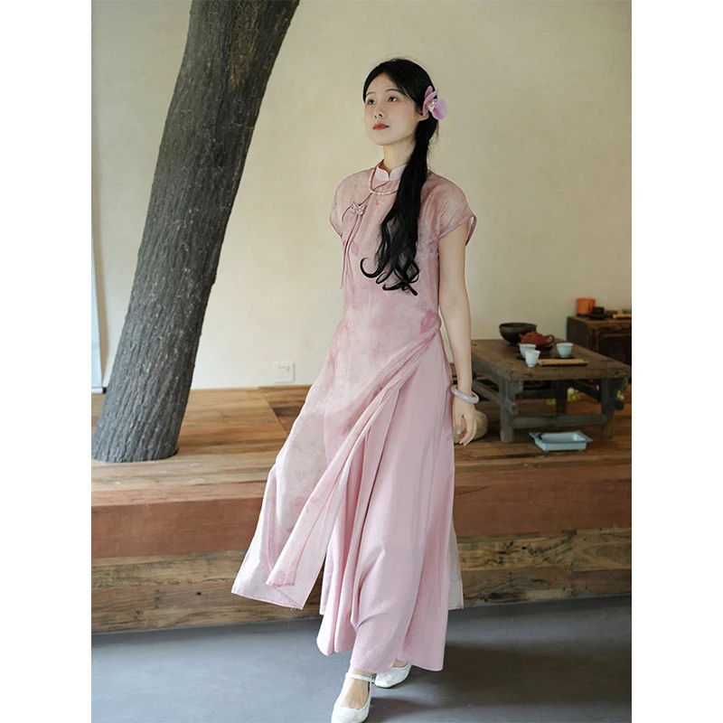 2024夏新中式小众少女粉色薄纱改良中国风旗袍＋吊带裙气质显瘦