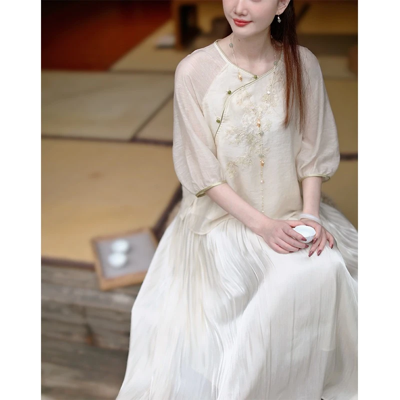 中国风夏季新款中式复古女装圆领茶人服改良唐装天丝斜襟绣花上衣