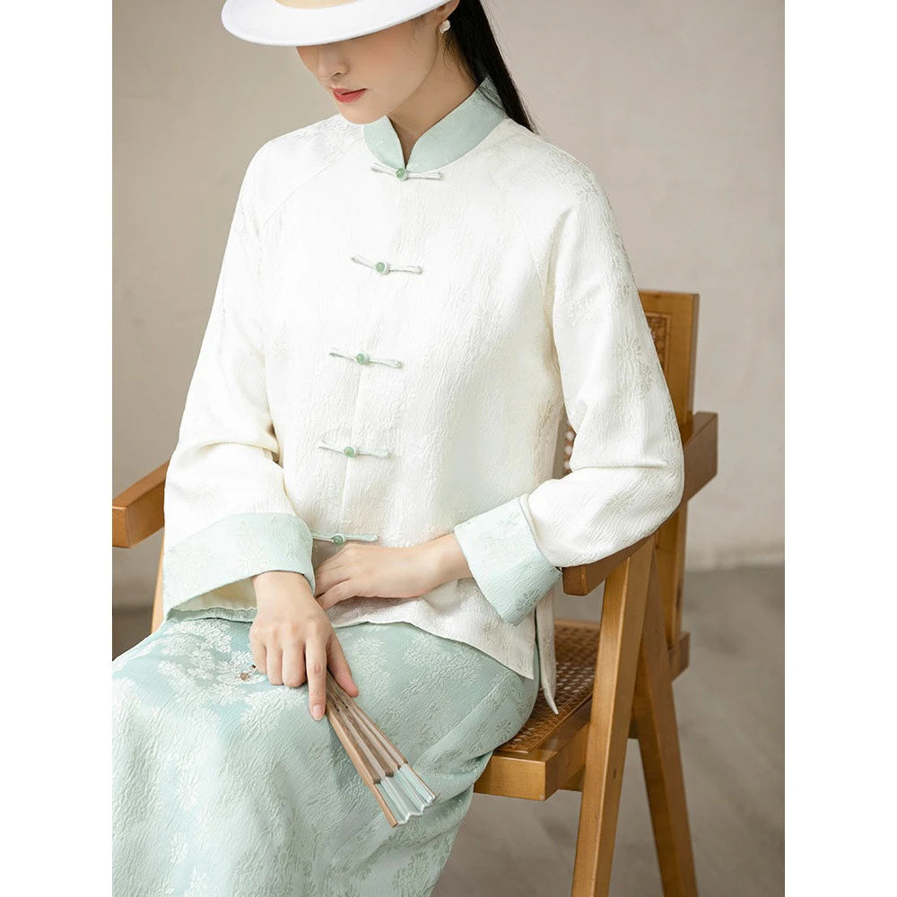 复古新中式国风唐装汉服女套装春秋新款高级感盘扣提花茶人服上衣