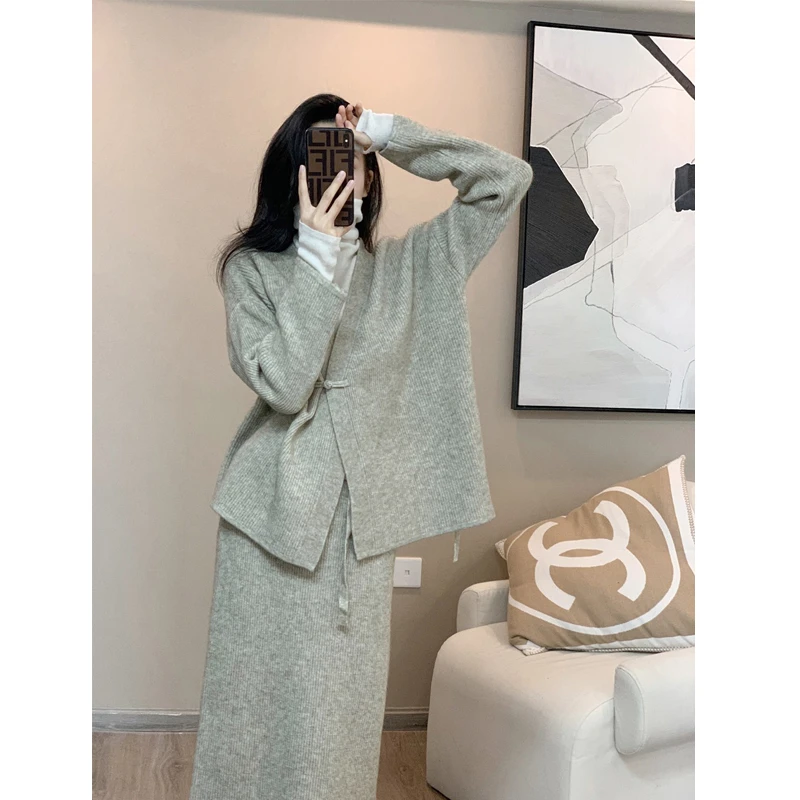 中国风针织衫毛衣气质套装2024春秋新款文艺复古中式唐装盘扣上衣