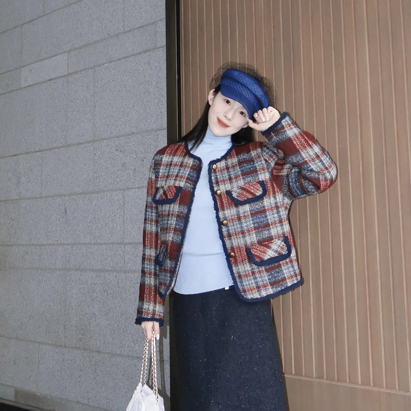 伙伴伙伴FellowFellow圣诞前奏红蓝格子香风外套短款保暖