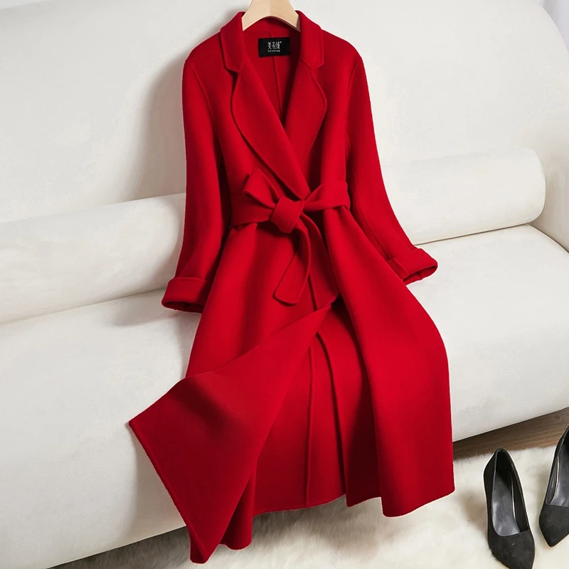 红色结婚双面羊绒大衣女中长款过膝2025秋冬新款高端修身毛呢外套