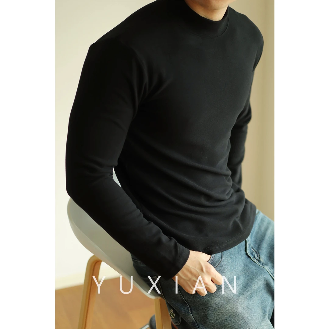 YUXIAN德绒350G半高领保暖打底双面磨毛发热长袖秋冬纯色男士百搭