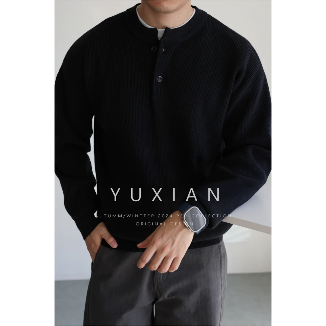 YUXIAN美式重磅针织亨利领抗起球毛衣休闲通勤纯色长袖男士秋冬季