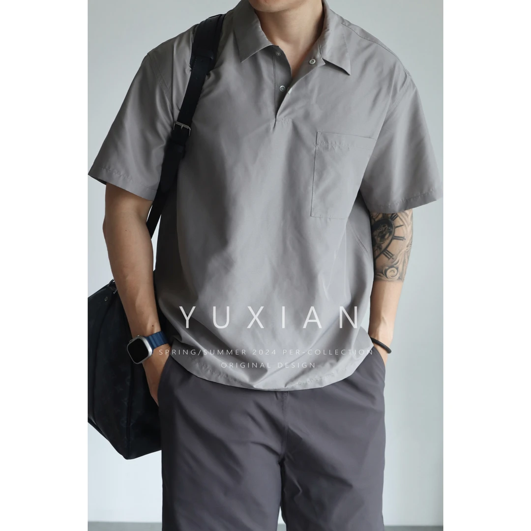 YUXIAN速干轻量化暗格纹抗皱日系宽松POLO短袖薄款翻领男士春夏季