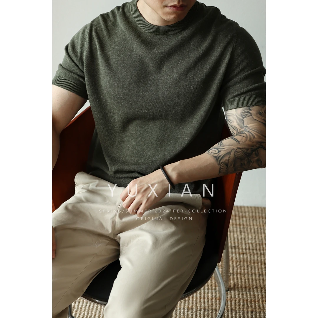 YUXIAN高端亚麻天丝混纺针织短袖T恤纯色美式复古圆领休闲商务男