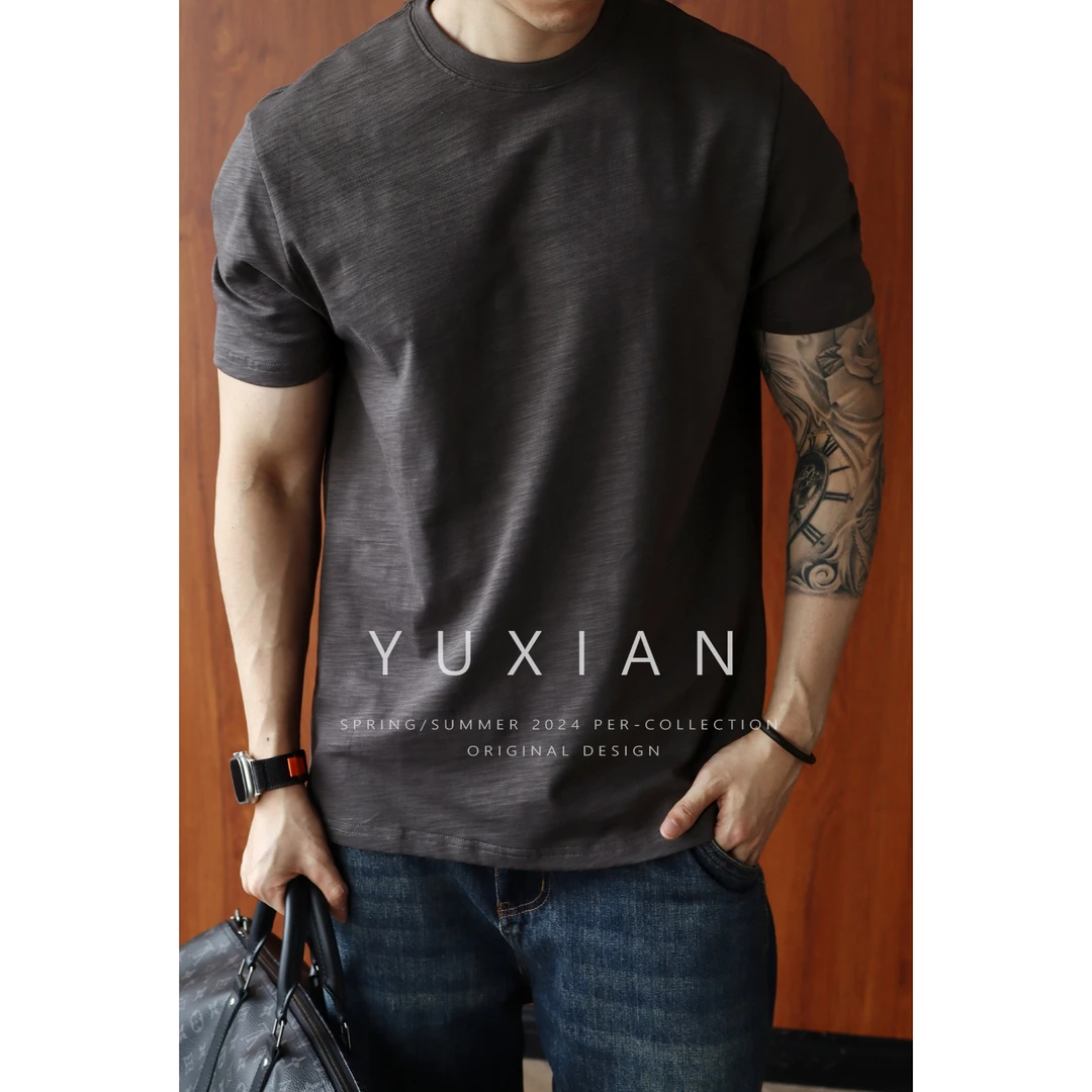 YUXIAN天然竹节棉透气纯棉短袖复古圆领T恤精梳棉休闲商务春夏季