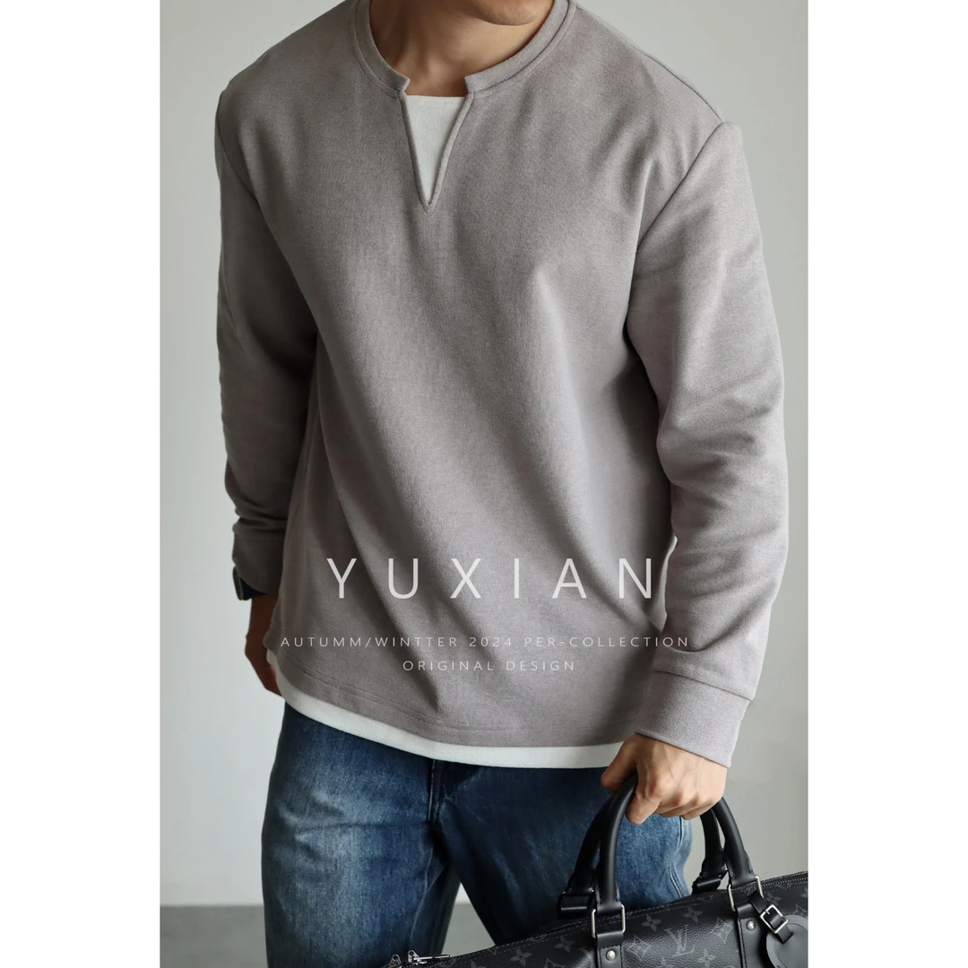 YUXIAN日系小毛圈V型棉混纺肌理感叠片假两件长袖T恤休闲卫衣男士