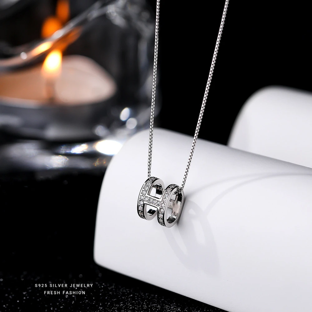 坠链均925银 H字母满钻项链小众简约百搭几何设计轻奢小蛮腰项链