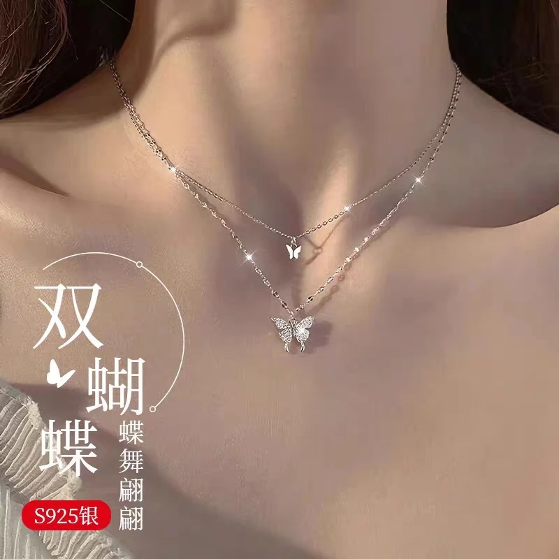 坠链均925银 蝴蝶925纯银项链女韩版小众双层蝴蝶个性百搭锁骨链