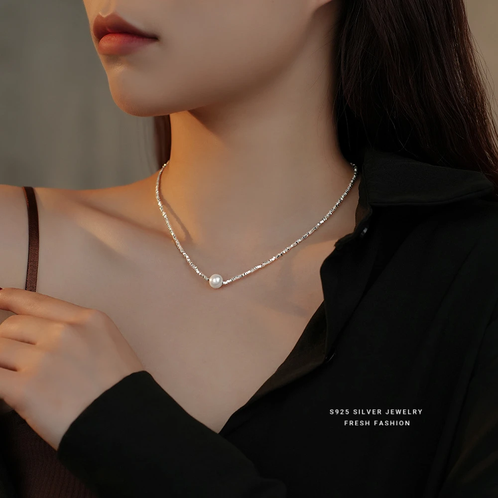 链子925银仿珍珠女款仿珍珠碎银几两纯银项链女百搭碎银女款链子