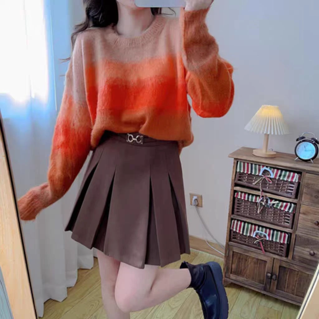 马海毛针织衫2024年新款女秋冬季渐变彩虹色宽松法式套头圆领毛衣