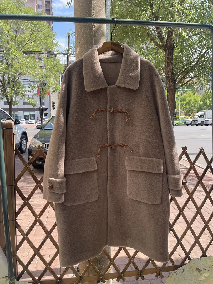 牛角扣中长款短毛羊羔毛外套学院风款真羊毛大衣显瘦大码男女同款