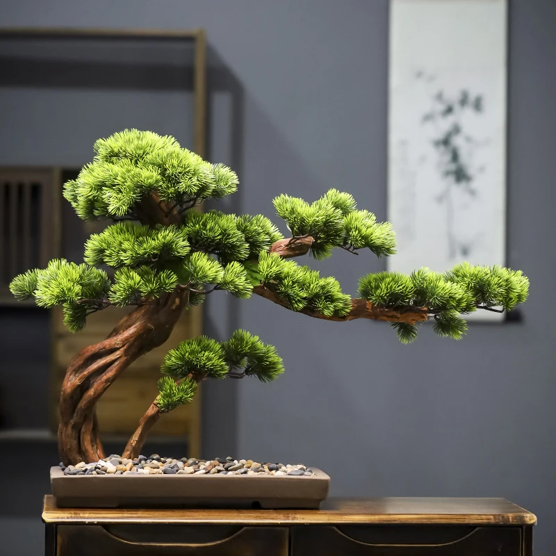 崖柏盆景仿真迎客松美人松商场室内装饰绿植物摆件玄关定制假盆栽