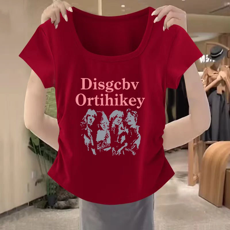 酒红色正肩方领短袖t恤女纯棉夏天设计感收腰显瘦弧形下摆短款上