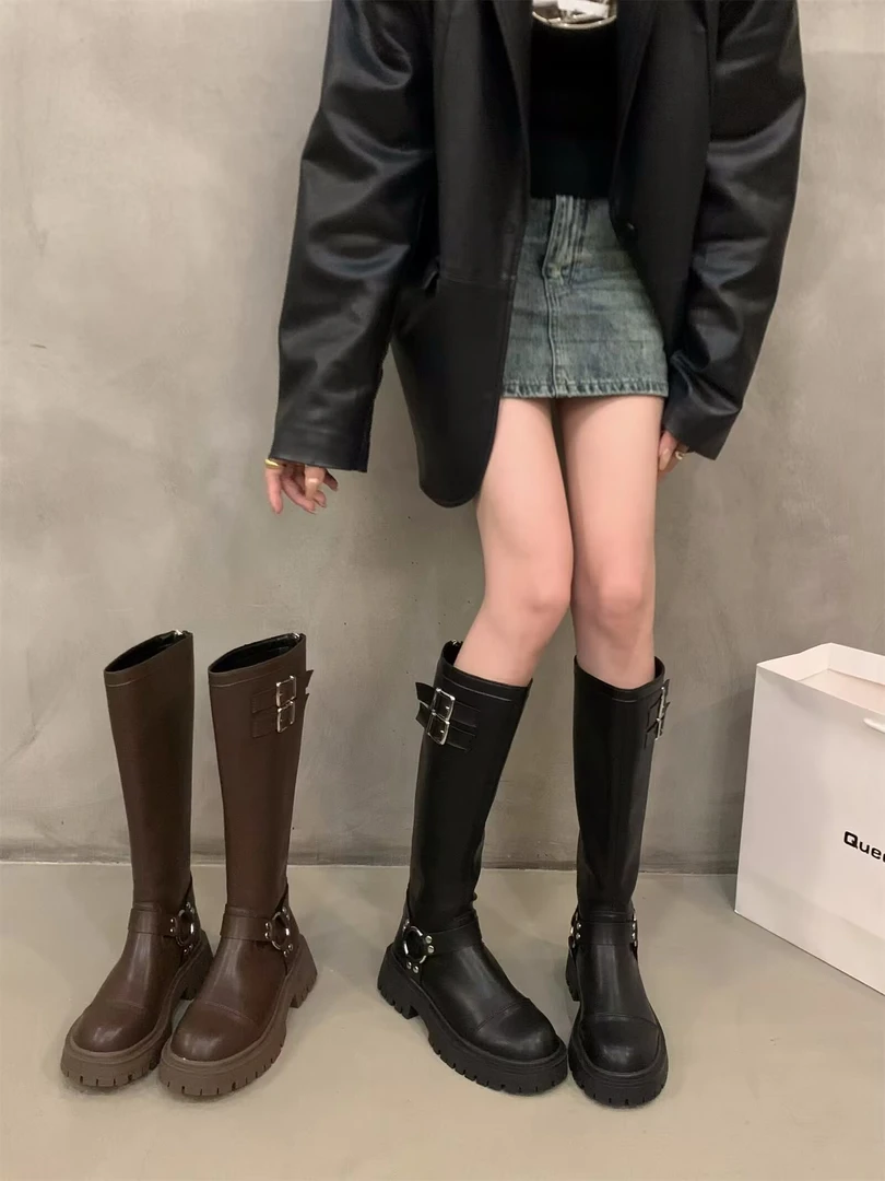秋冬新款厚底单款后拉链长筒靴女