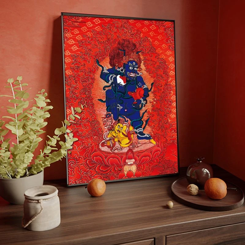 黑财神唐卡佛像挂画办公室客厅招财装饰画中堂藏式财神爷壁画带框