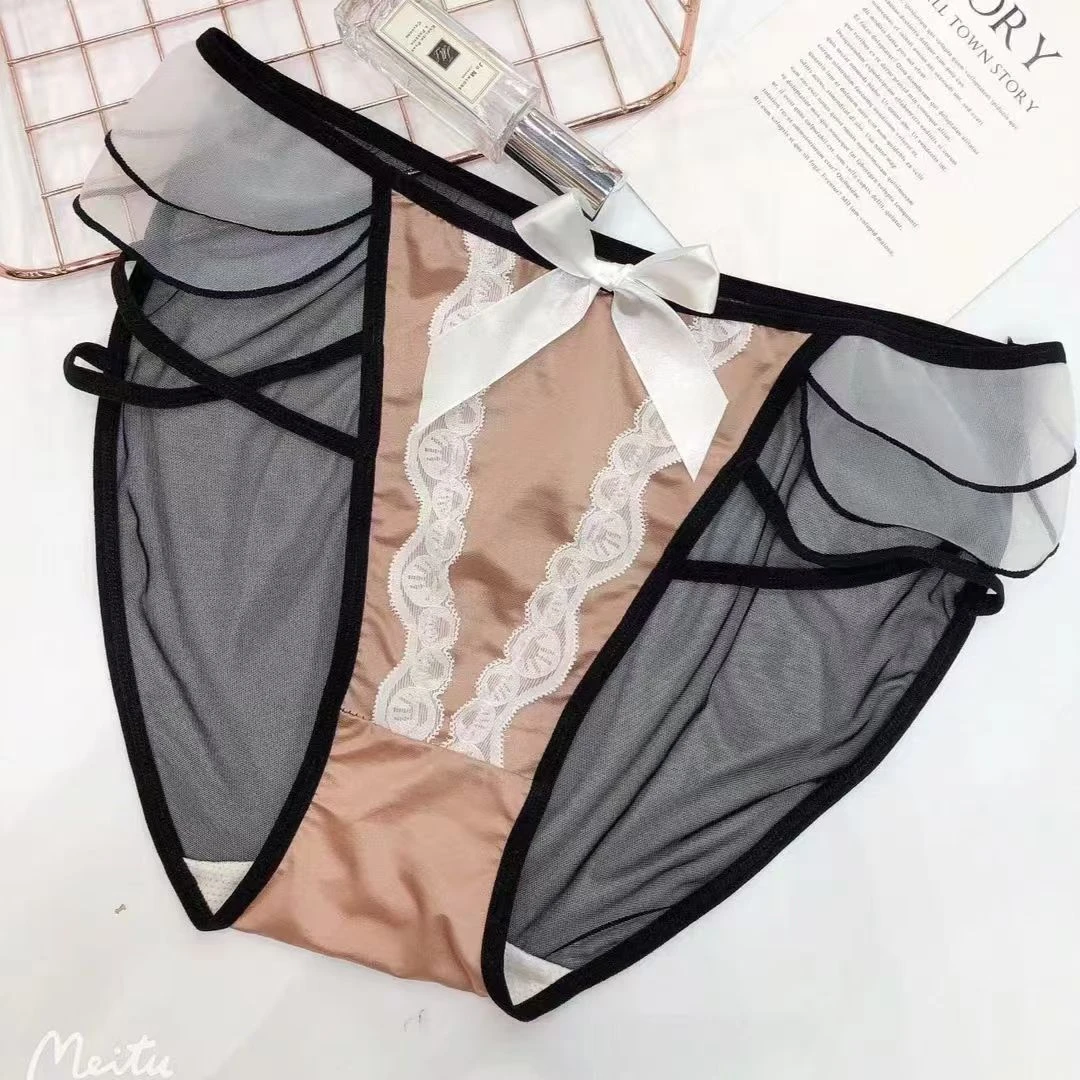 2024新款高腰网纱透气黑色蝴蝶结高开叉走秀款显腿长日系三角裤女