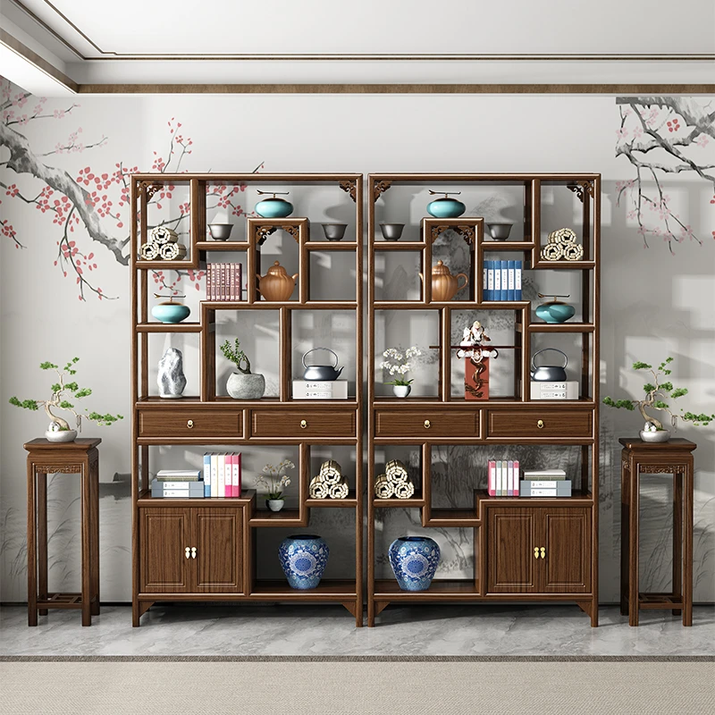 L两门两斗博古架实木新中式多宝阁古典客厅隔断置物架茶室展示柜