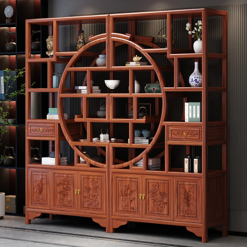 大团圆博古架实木新中式置物架家用茶室隔断摆件茶叶架茶具展示柜