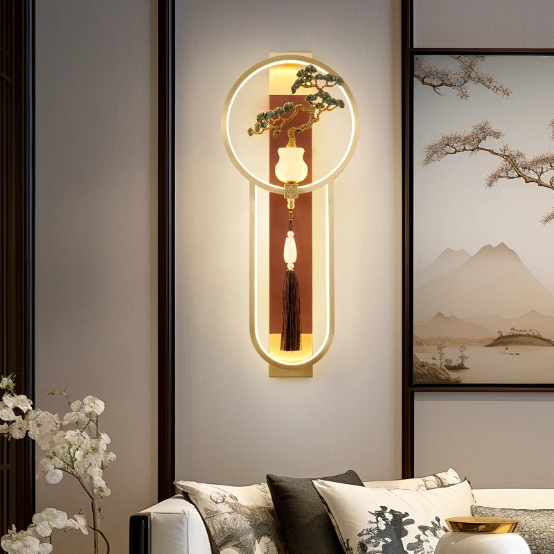 新中式壁灯全铜实木客厅背景墙灯中国风禅意左右一对卧室床头灯具