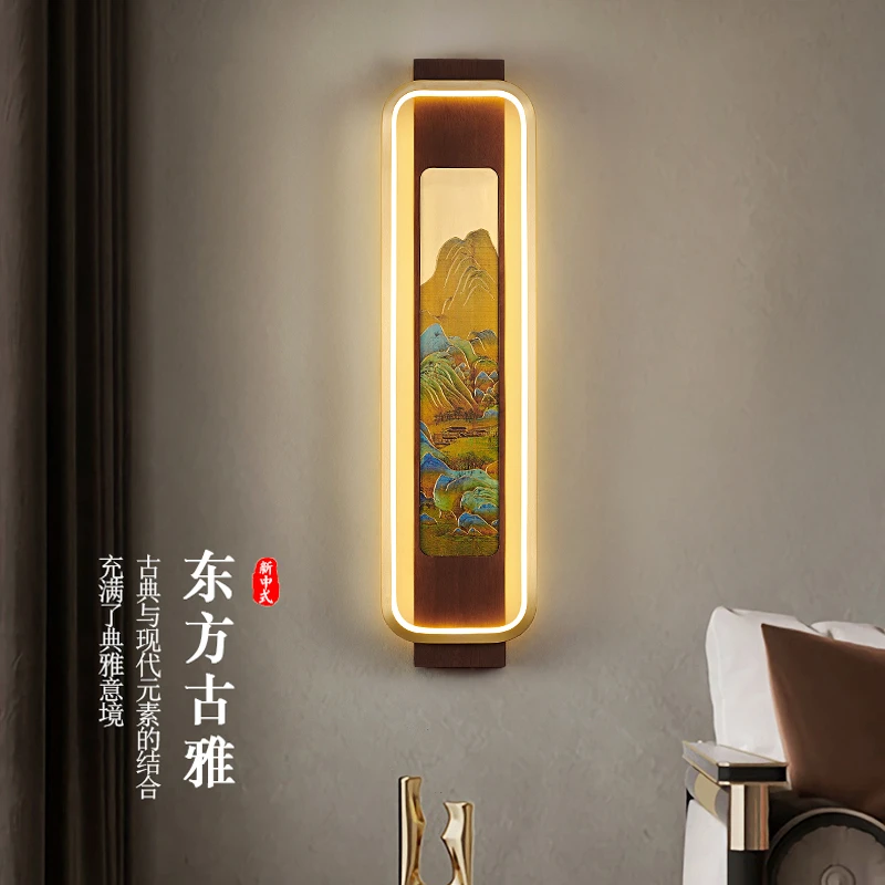 新中式背景墙壁灯千里江山全铜实木壁灯酒店别墅家用卧室书房壁灯