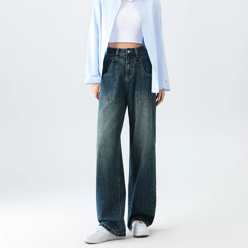 质感蓝美式拖地牛仔裤女宽松复古显瘦2023秋冬新款直筒垂感拖地裤
