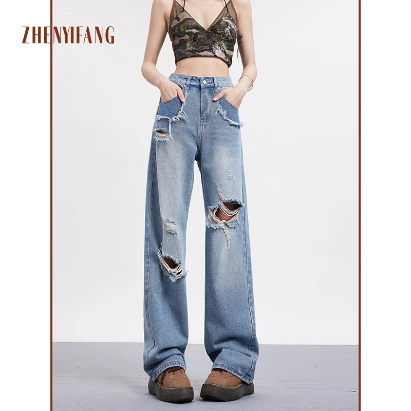 ZHENYIFANG/真衣坊秋季新款高腰百搭潮流破洞流苏阔腿牛仔裤女