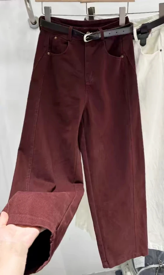秋装新显瘦拖地暗红直筒裤女高腰宽松牛仔裤