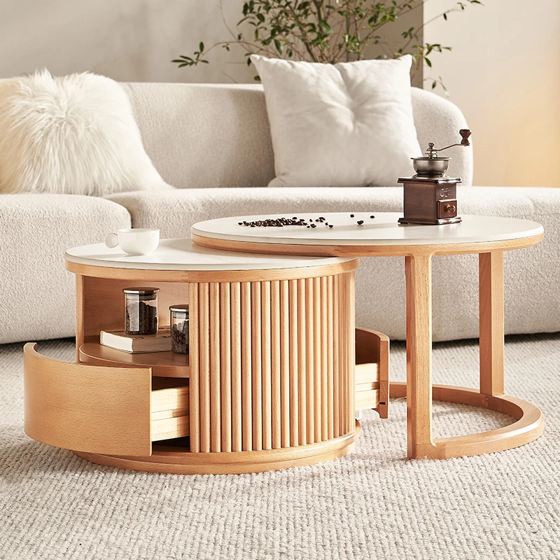简约岩板榉木大小圆茶几组合原木风家用伸缩小茶桌客厅收纳高级感