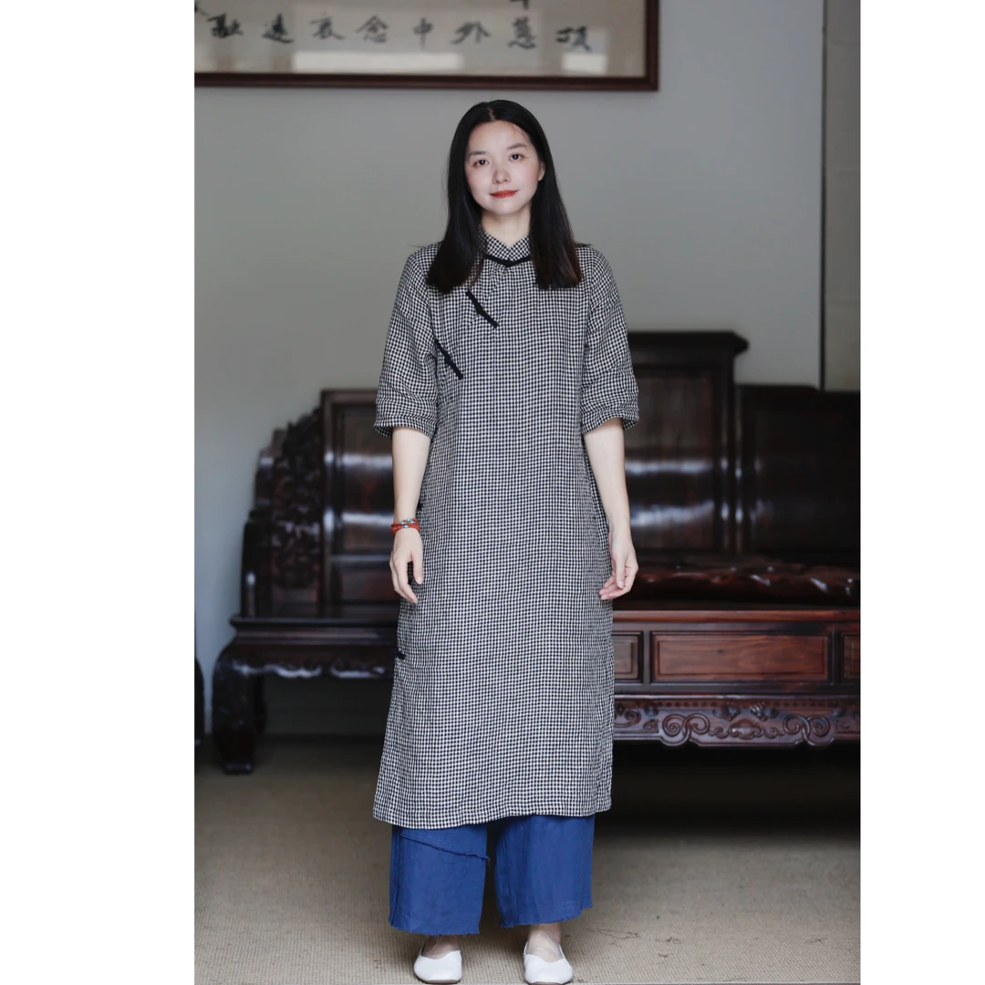 如素慢衣复古显瘦格子连衣裙36127