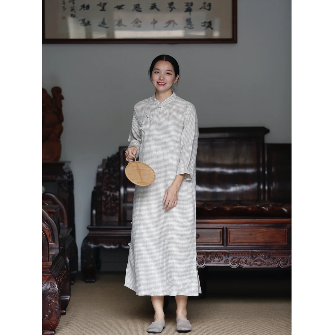 复古100%色织亚麻连衣裙36212