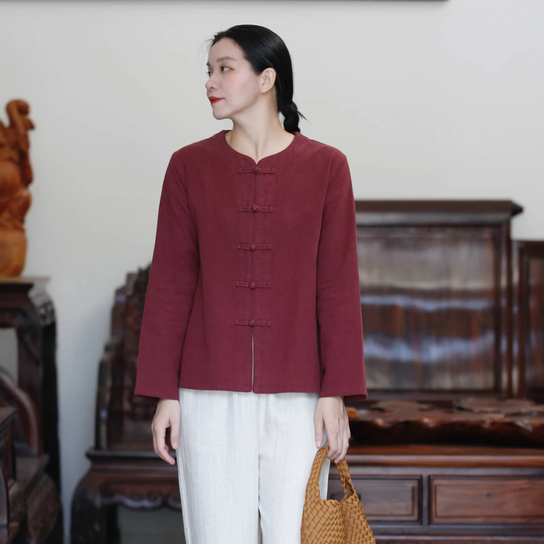 如素慢衣对襟长袖棉麻上衣36245