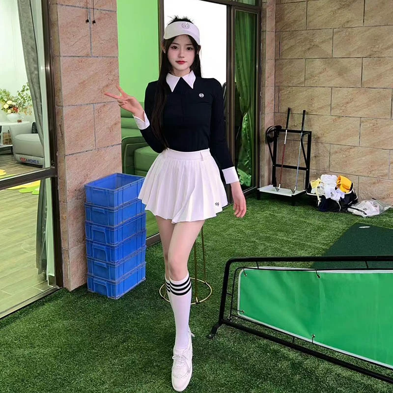 BG高尔夫服装女长袖翻领条纹黑色上衣修身显瘦高端透气速干球服新