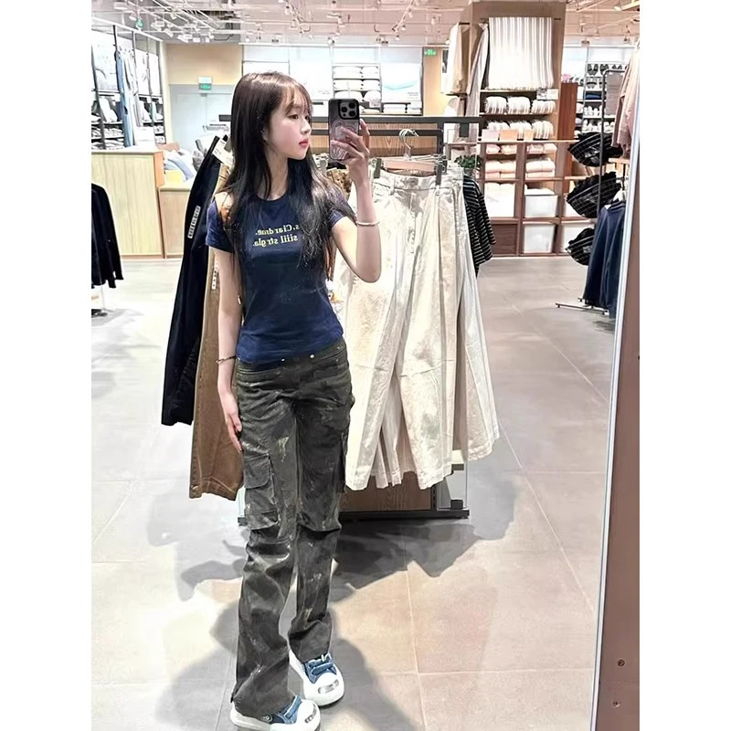 美式辣妹藏青色短袖T恤女夏季2024新款正肩棉修身收腰短款上衣