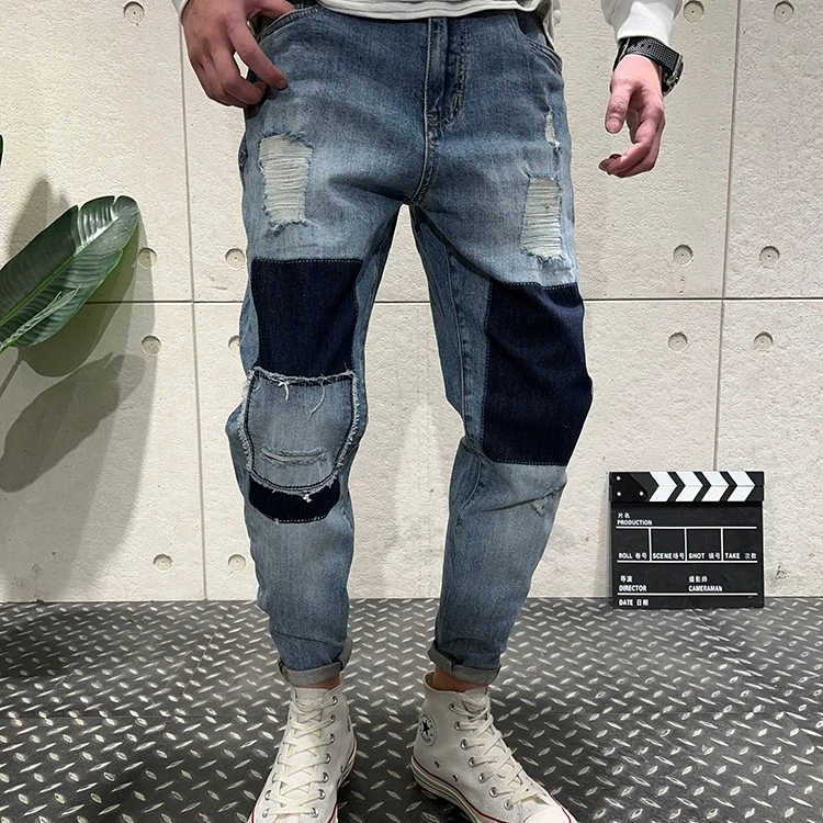 夏季新款贴布破洞牛仔裤美式复古男士小脚潮牌宽松重工水洗九分裤