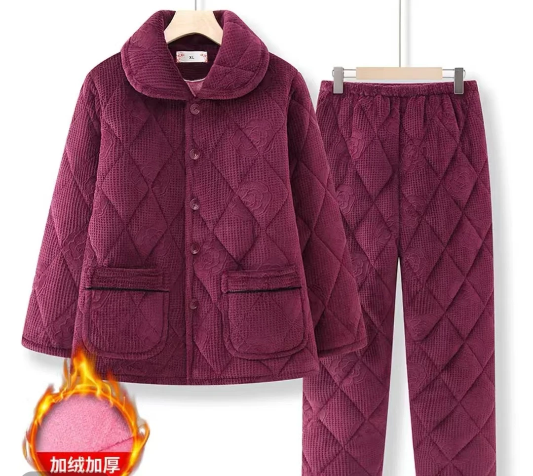 2024新款中老年冬装女两件套三层加厚棉奶奶家居服睡衣套装