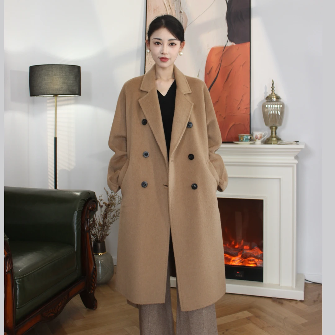 100%驼绒轻奢气质中长款大衣经典801款极简双排扣过膝保暖大衣冬
