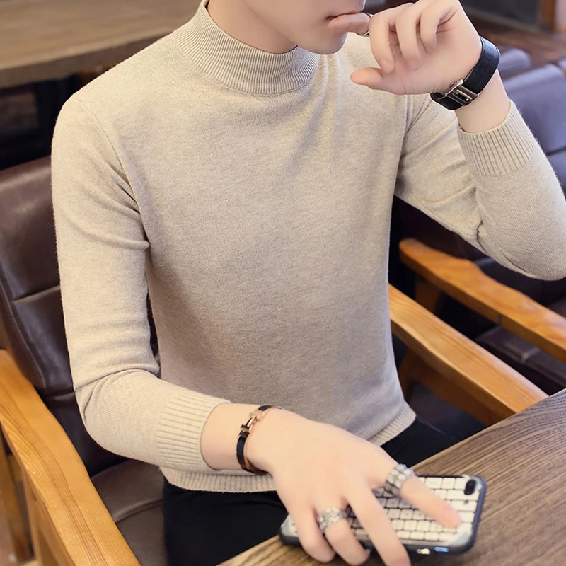 男士半高领修身针织潮流牛仔长袖夹克外套男士男款男士针织衫韩版