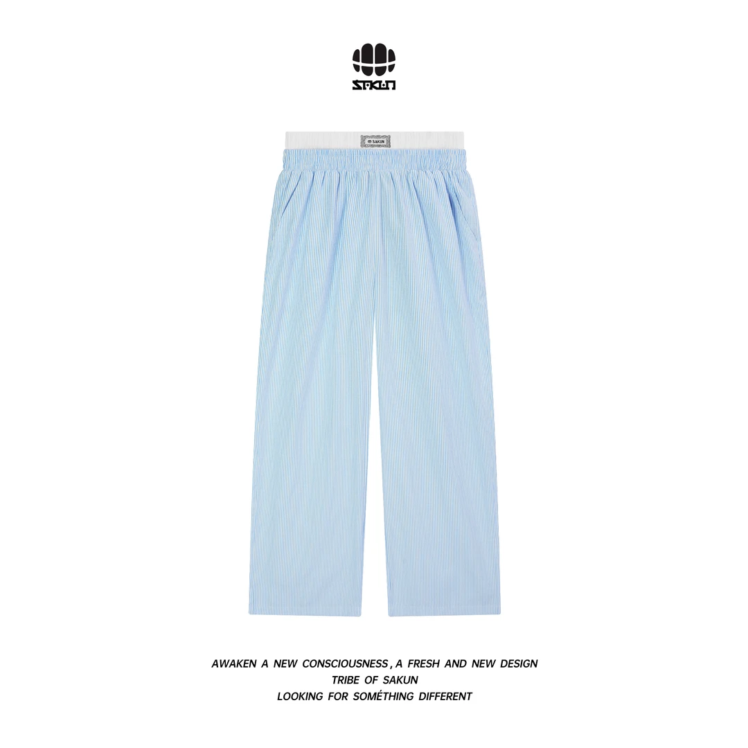 SAKUN辣妹风复古假俩件条纹百搭阔腿裤3152-1624489-JS