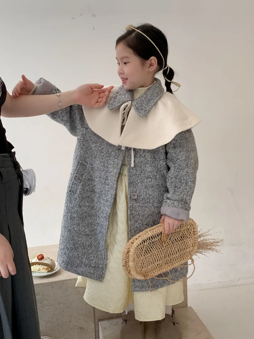 儿童外套女童大衣女宝宝2024冬款韩版中长款翻领休闲加厚百搭风衣